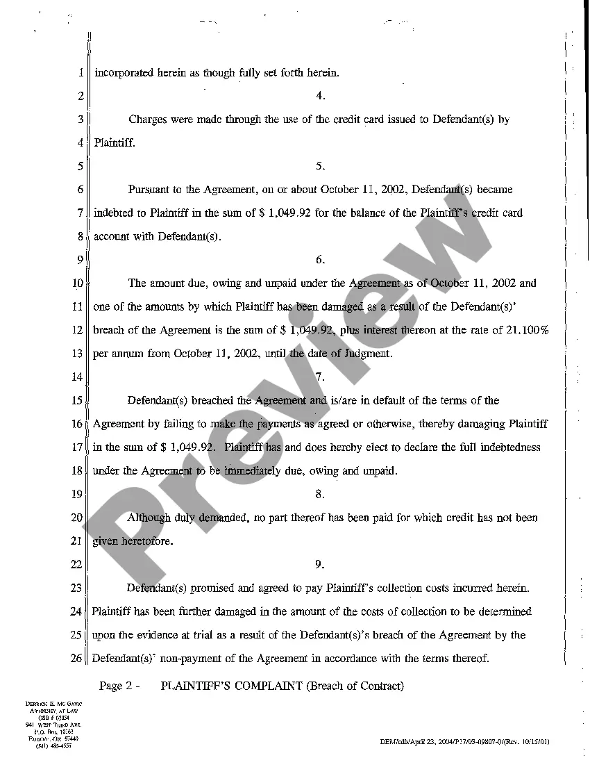 Preview A01 Plaintiff's Complaint for Breach of Credit Card Agreement