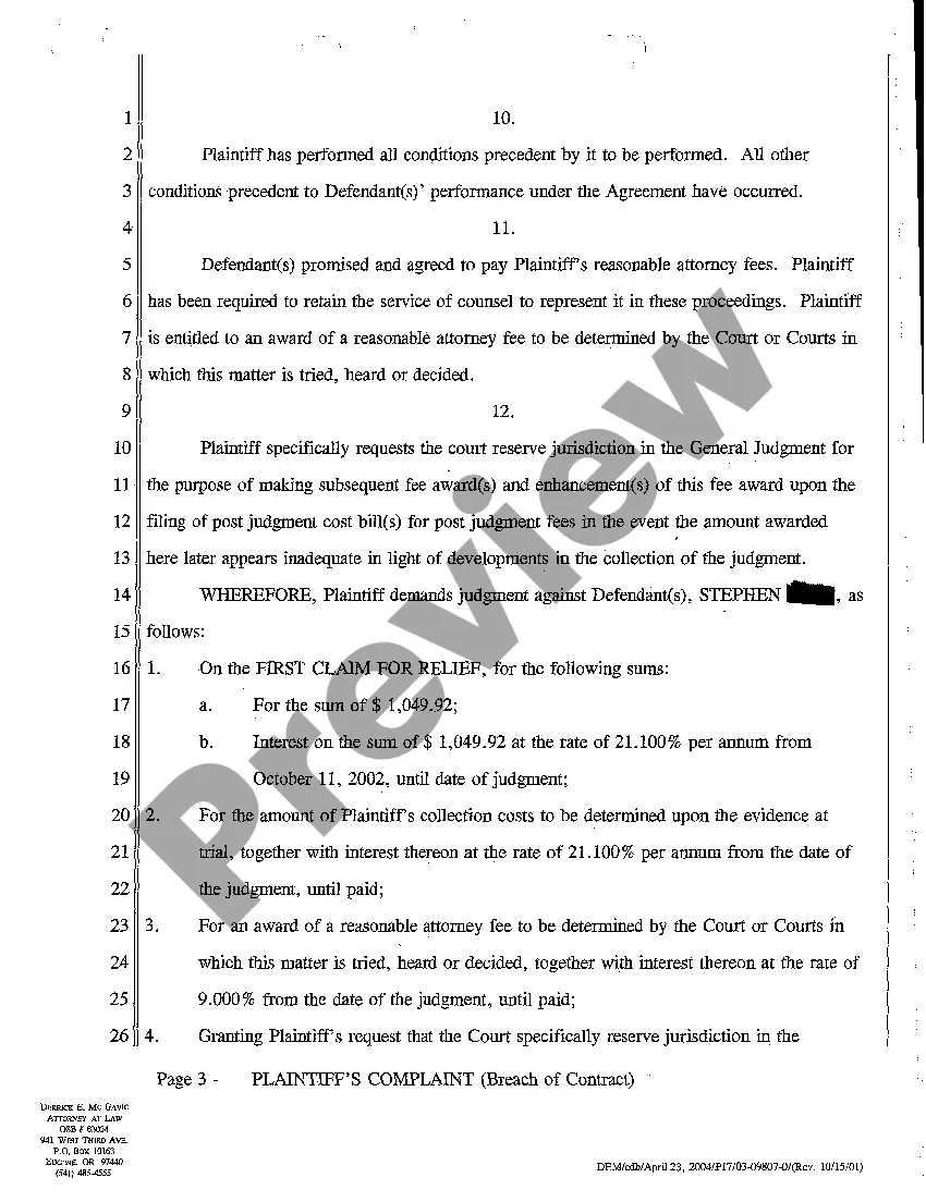 Preview A01 Plaintiff's Complaint for Breach of Credit Card Agreement