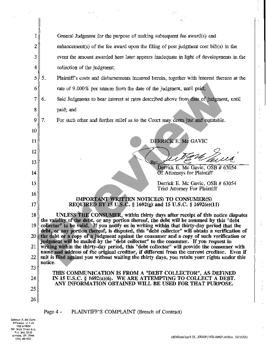 Preview A01 Plaintiff's Complaint for Breach of Credit Card Agreement