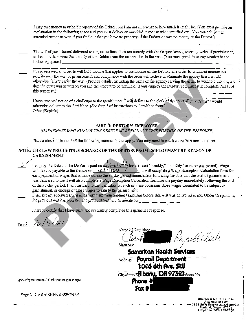 Preview A01 Garnishee Response