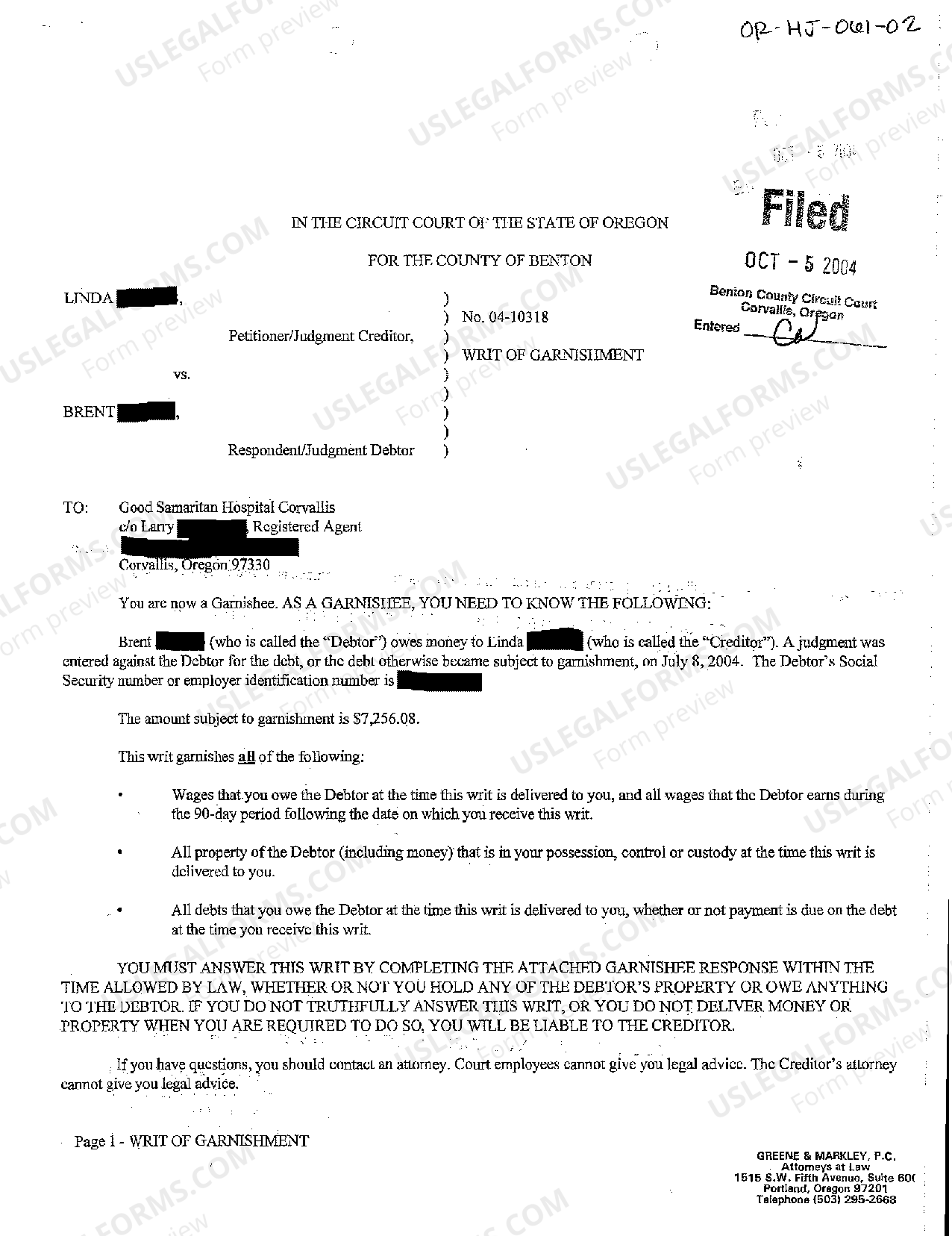 Oregon Writ of Garnishment Writ Of Garnishment Oregon US Legal Forms