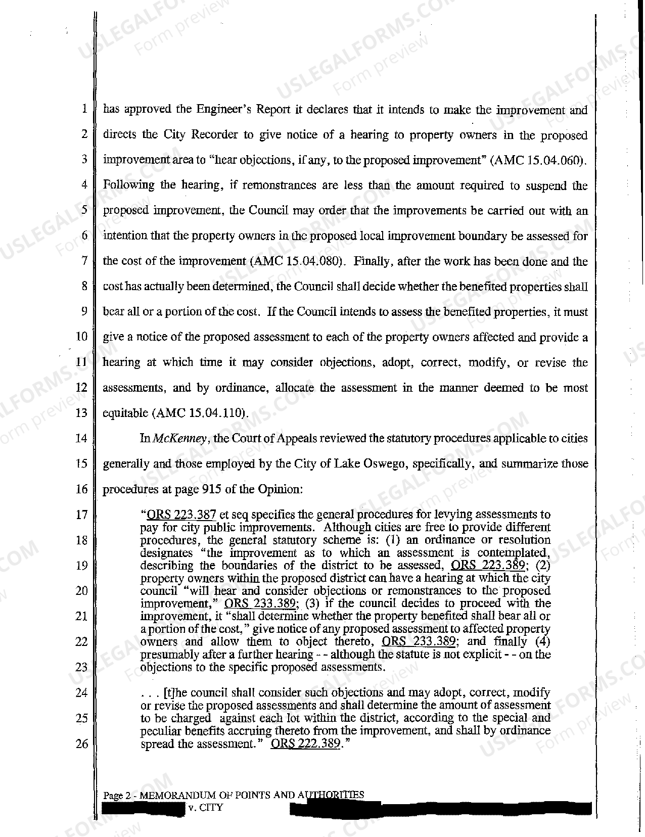 Bend Oregon Memorandum of Points and Authorities in Support of