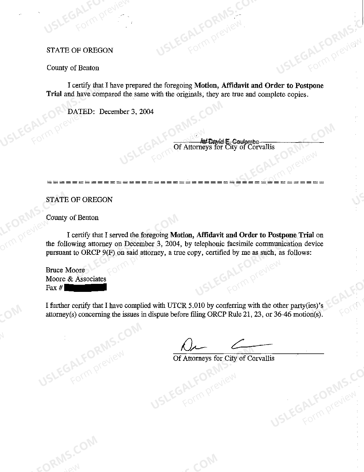 Oregon Affidavit in Support of Motion to Postpone Trial US Legal Forms