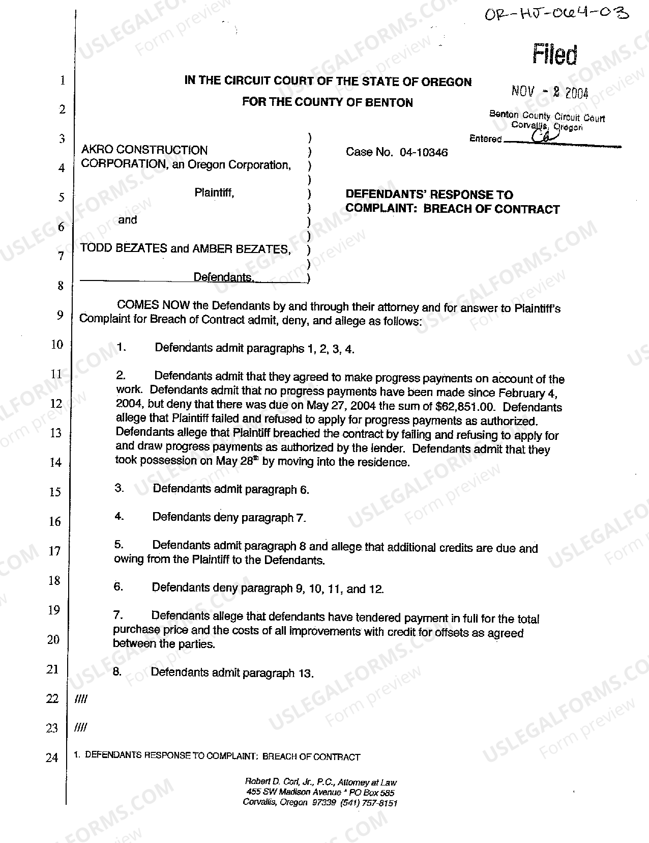 Oregon Defendant's Response to Complaint regarding Breach of Contract