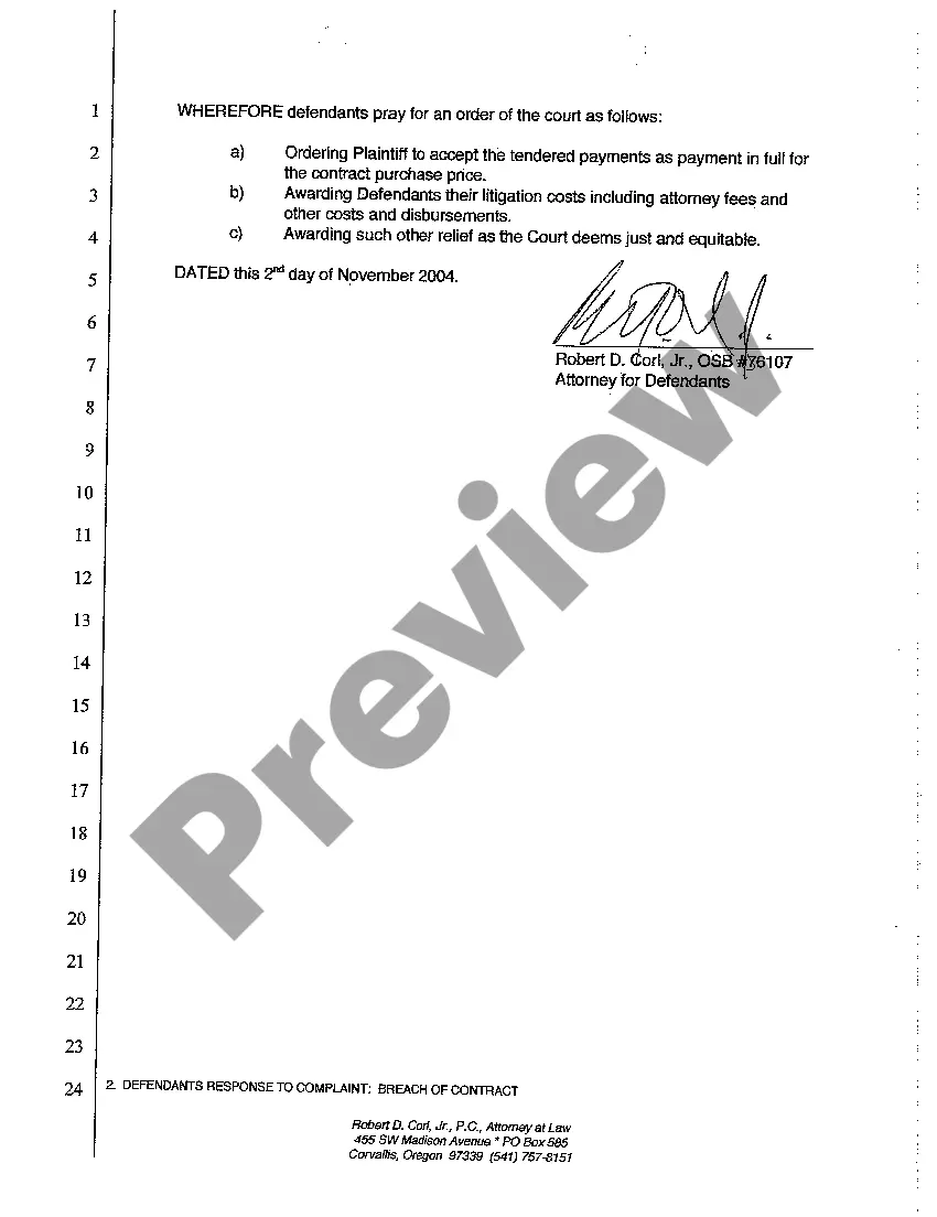 Preview A04 Defendant's Response to Complaint regarding Breach of Contract