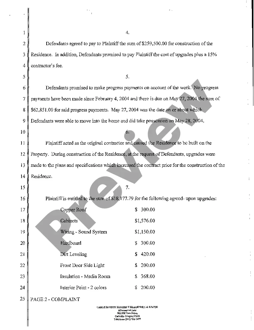Preview A01 Complaint for Unpaid Progress Payments and Breach of Construction Contract
