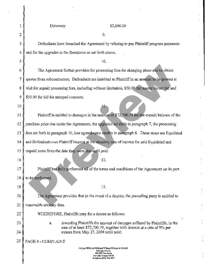 Preview A01 Complaint for Unpaid Progress Payments and Breach of Construction Contract