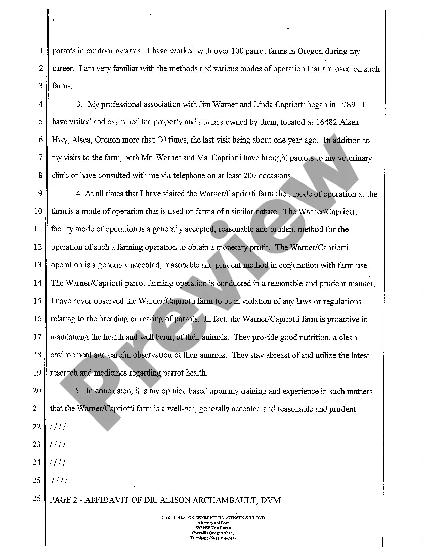 Preview A11 Affidavit of Veterinarian that Defendants Operate Their Bird Farm in Acceptable Fashion