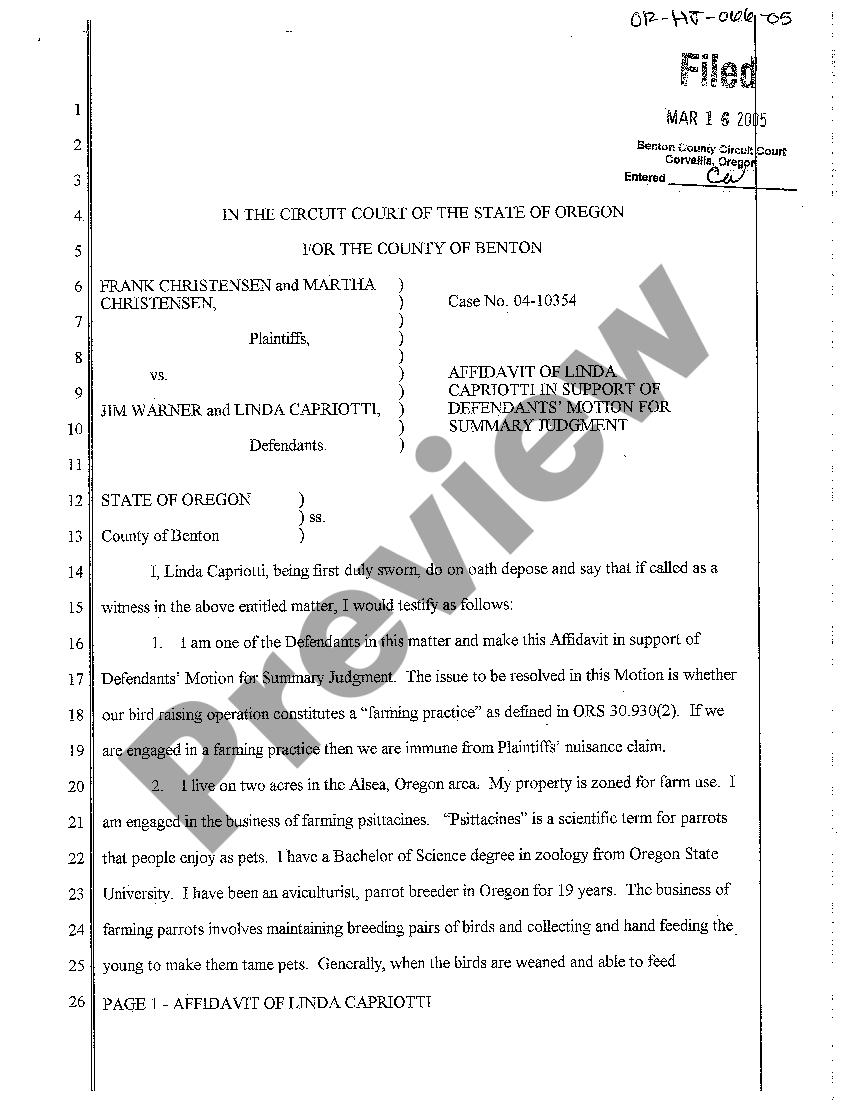 Oregon Affidavit of Defendant in Support of Defendant's Motion for