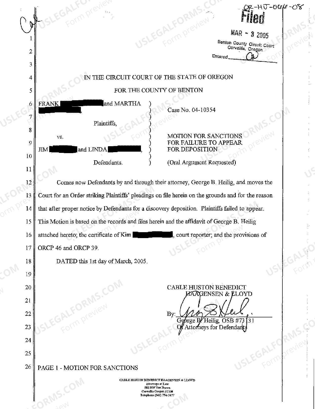 Portland Oregon Motion for Sanctions for Failure to Appear for Deposition US Legal Forms