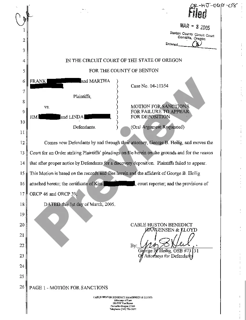 Preview A05 Motion for Sanctions for Failure to Appear for Deposition