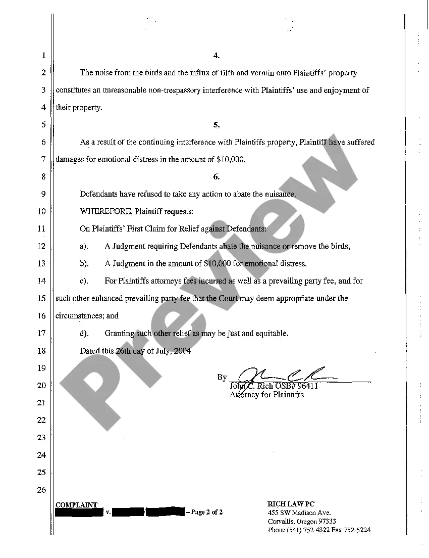 Preview A01 Complaint for Private Nuisance of Neighboring Bird Farm