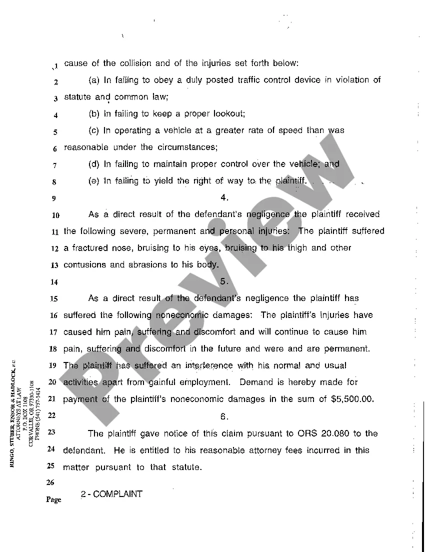 Preview A01 Complaint for Personal Injury to Cyclist Due to Negligent Operation of Motor Vehicle
