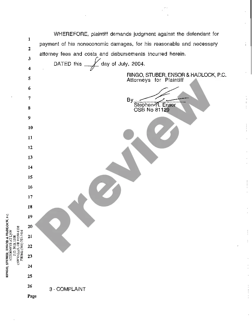 Preview A01 Complaint for Personal Injury to Cyclist Due to Negligent Operation of Motor Vehicle