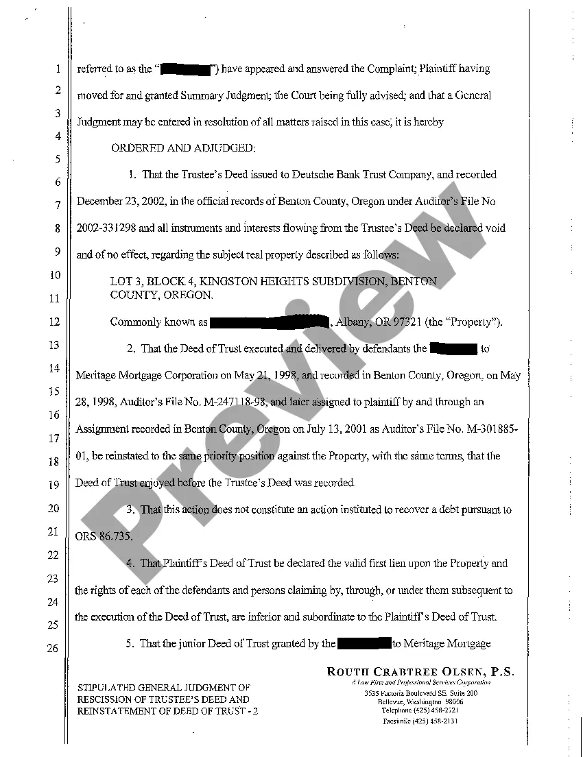 Preview A22 General Judgment of Rescission of Trustee's Deed and Reinstatement of Deed of Trust