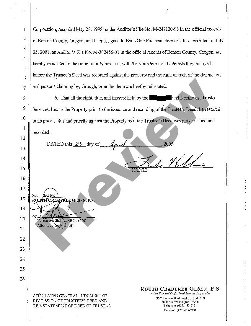 Preview A22 General Judgment of Rescission of Trustee's Deed and Reinstatement of Deed of Trust