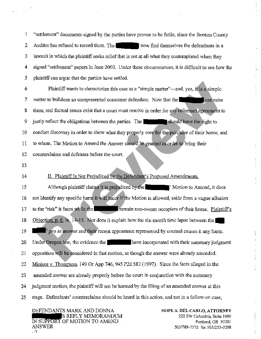 Preview A20 Defendant's Reply Memorandum in Support of Motion to Amend Answer