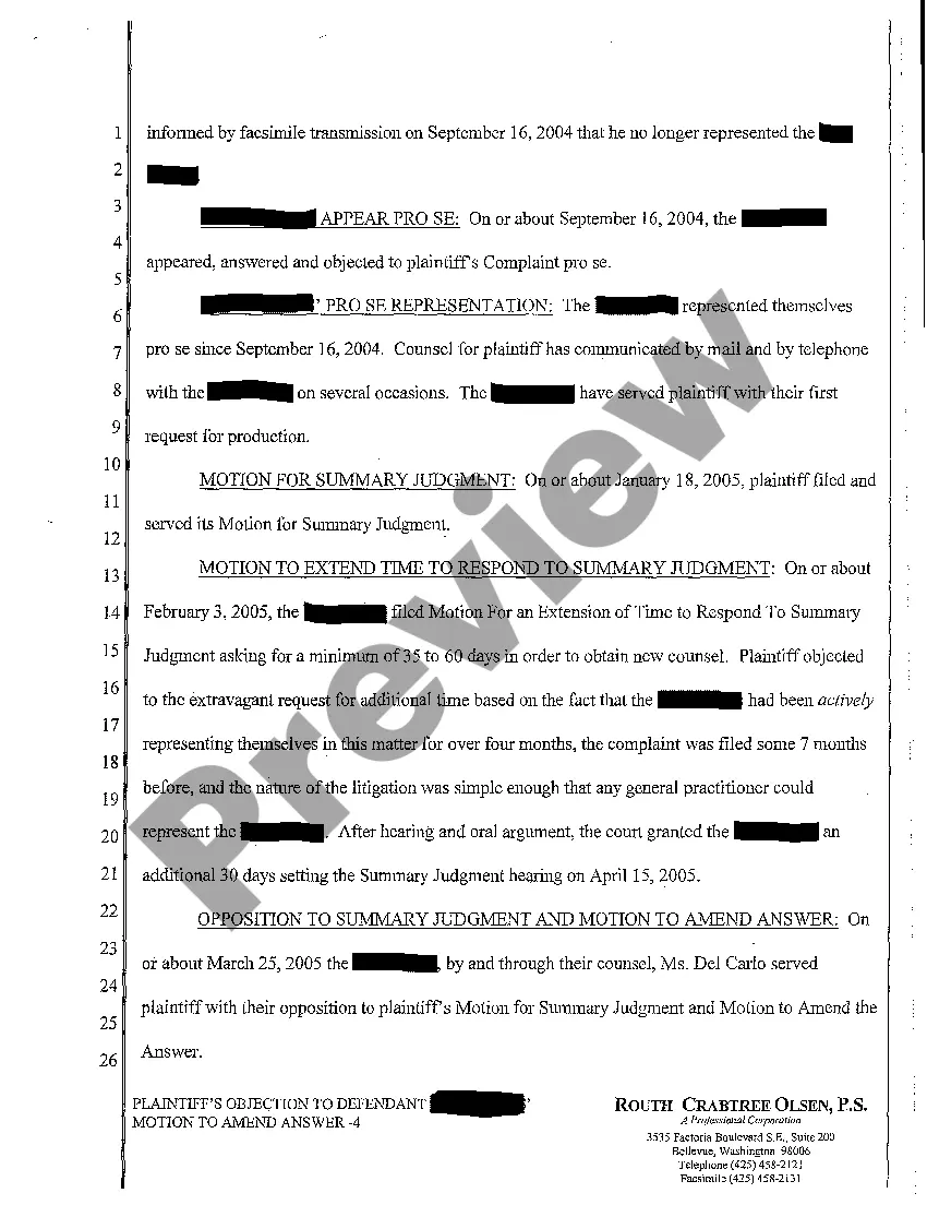 Get A19 Plaintiff's Objection to Defendant's Motion to Amend Answer Preview A19 Plaintiff's Objection to Defendant's Motion to Amend Answer
