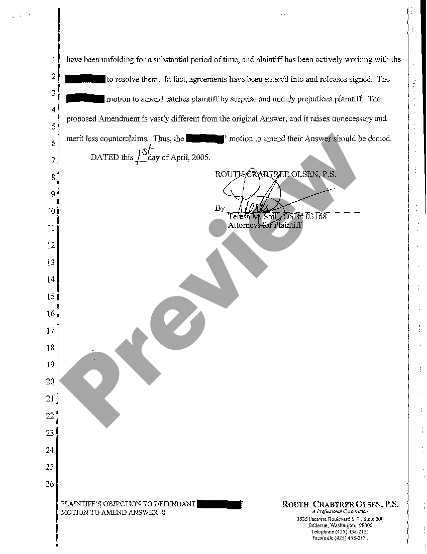 Get A19 Plaintiff's Objection to Defendant's Motion to Amend Answer Preview A19 Plaintiff's Objection to Defendant's Motion to Amend Answer