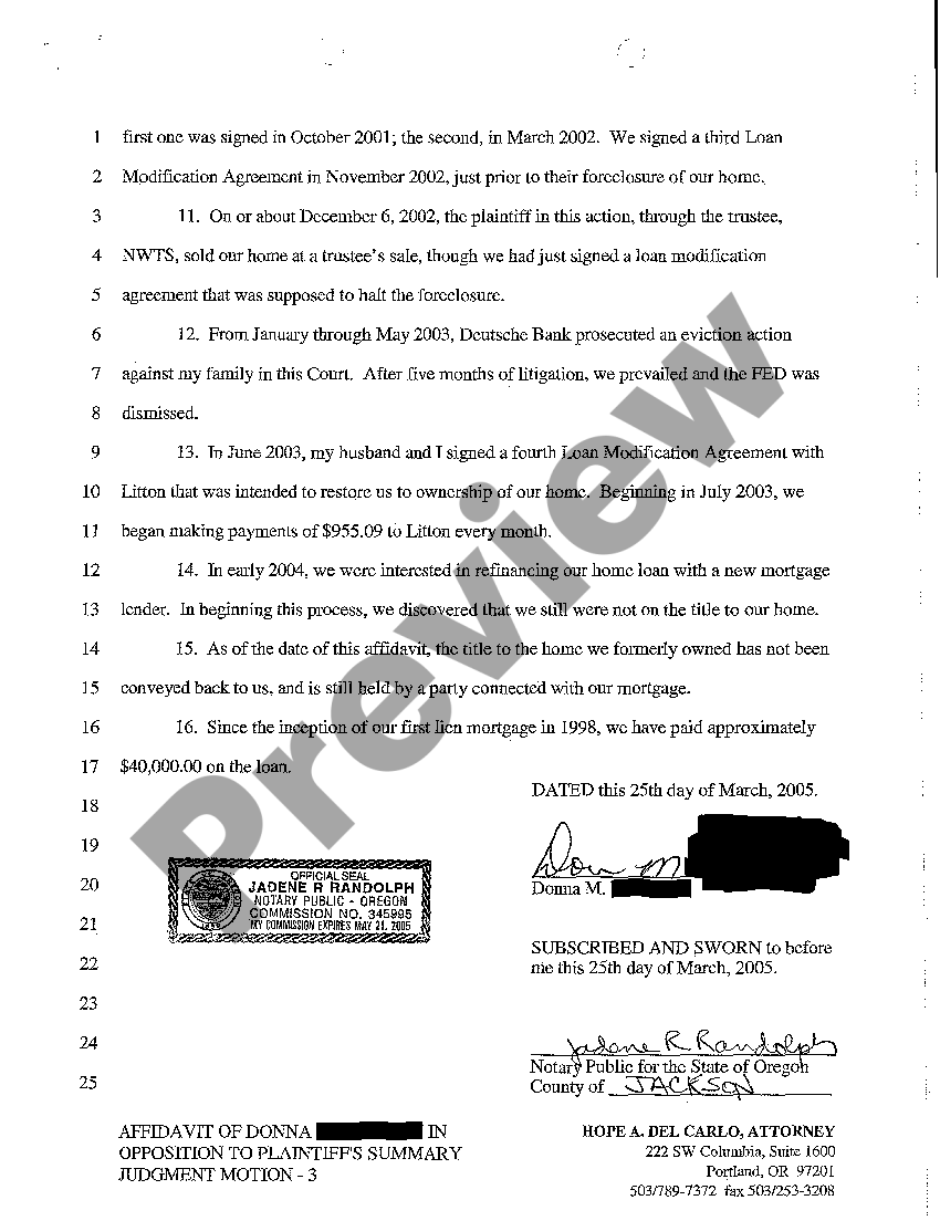 Hillsboro Oregon Affidavit of Defendant in Opposition to Plaintiff's Summary Judgment Motion