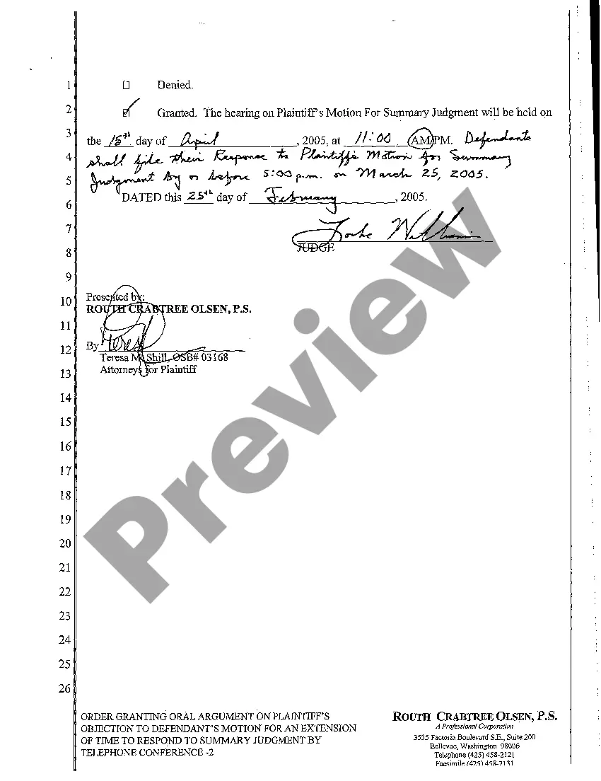 Preview A13 Order Granting Defendant's Motion for An Extension of Time to Respond to Summary Judgment by Telephone Conference