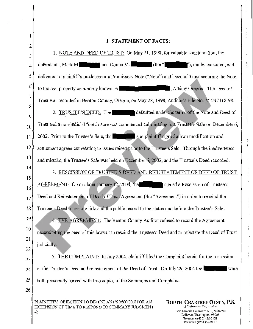 Preview A09 Plaintiff's Objection to Motion for an Extension of Time to Respond to Summary Judgment, and Request for Oral Argument by Telephone Conference