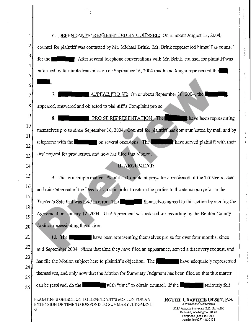 Preview A09 Plaintiff's Objection to Motion for an Extension of Time to Respond to Summary Judgment, and Request for Oral Argument by Telephone Conference