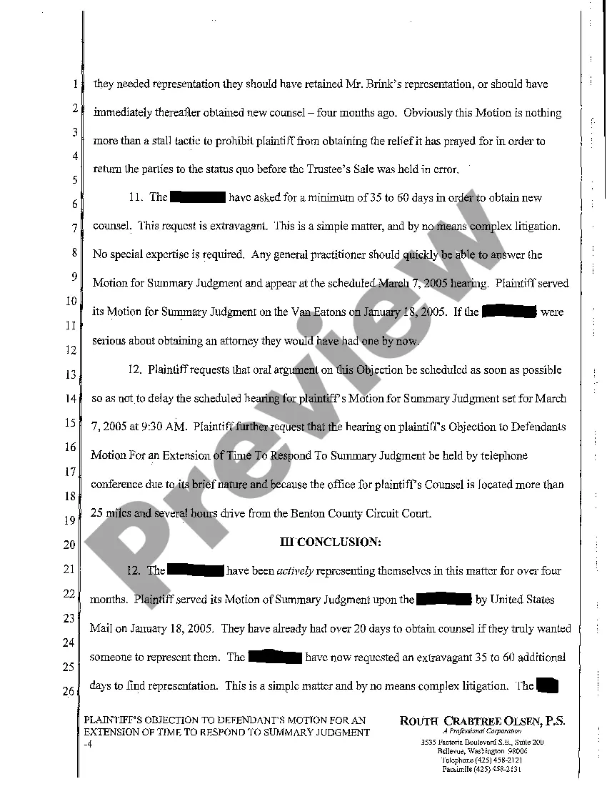 Preview A09 Plaintiff's Objection to Motion for an Extension of Time to Respond to Summary Judgment, and Request for Oral Argument by Telephone Conference