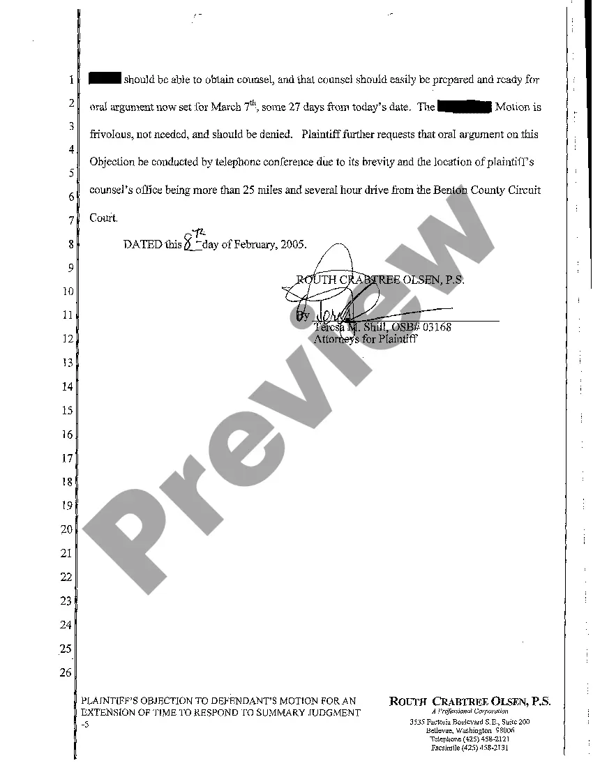 Preview A09 Plaintiff's Objection to Motion for an Extension of Time to Respond to Summary Judgment, and Request for Oral Argument by Telephone Conference