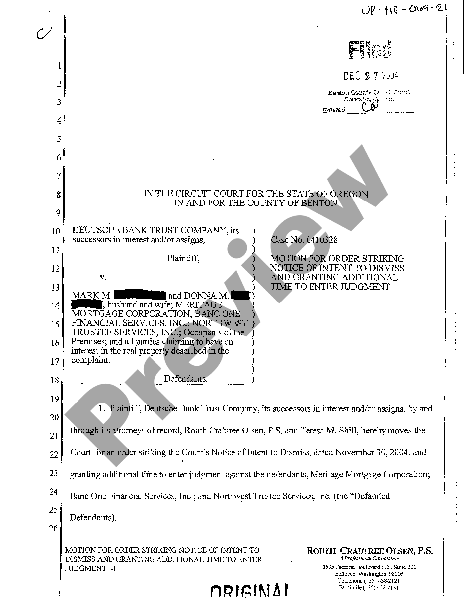 Bend Oregon Motion For Order Striking Notice Of Intent To Dismiss And ...