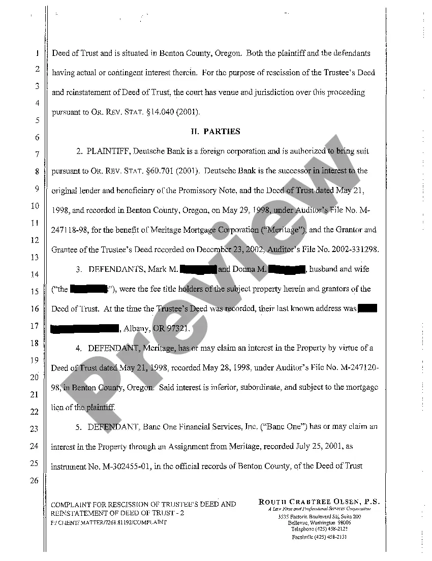 Preview A01 Complaint for Rescission of Trustee's Deed and Reinstatement of Deed of Trust