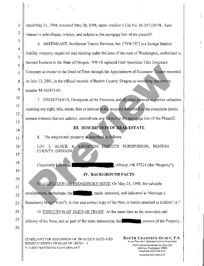 Preview A01 Complaint for Rescission of Trustee's Deed and Reinstatement of Deed of Trust