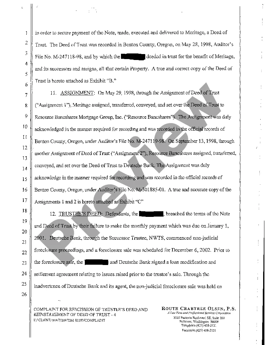 Preview A01 Complaint for Rescission of Trustee's Deed and Reinstatement of Deed of Trust