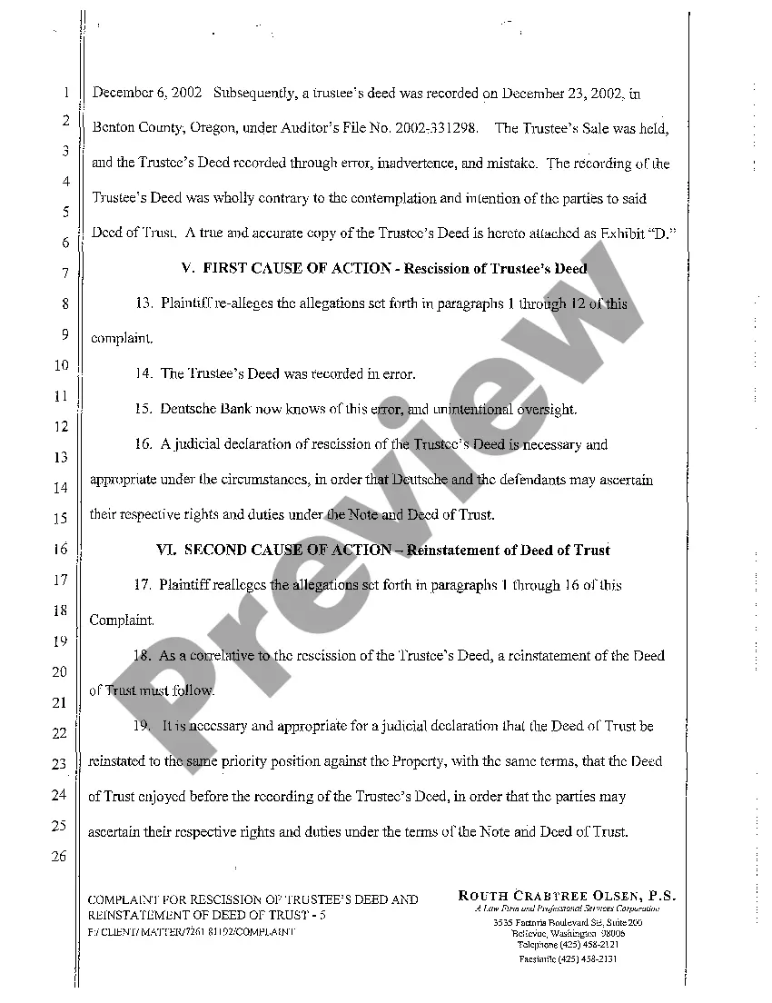 Preview A01 Complaint for Rescission of Trustee's Deed and Reinstatement of Deed of Trust