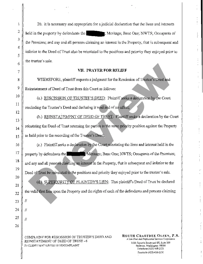 Preview A01 Complaint for Rescission of Trustee's Deed and Reinstatement of Deed of Trust