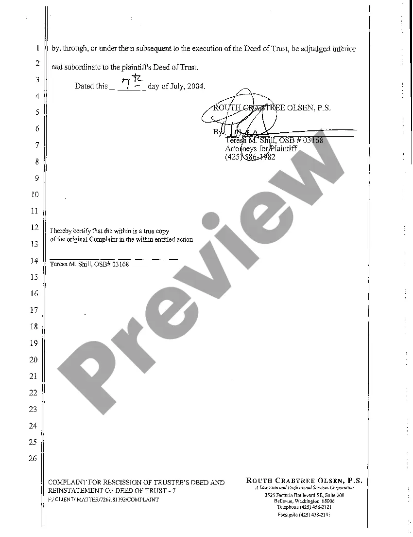 Preview A01 Complaint for Rescission of Trustee's Deed and Reinstatement of Deed of Trust