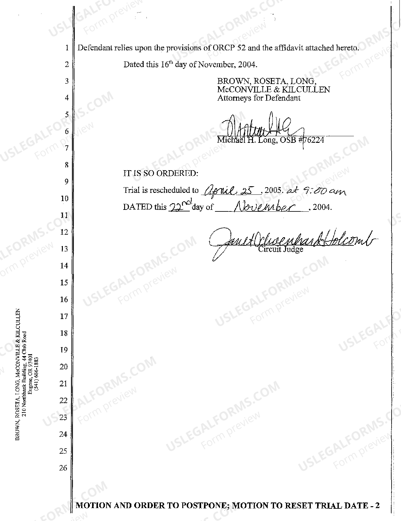 Oregon Motion and Order to Postpone US Legal Forms
