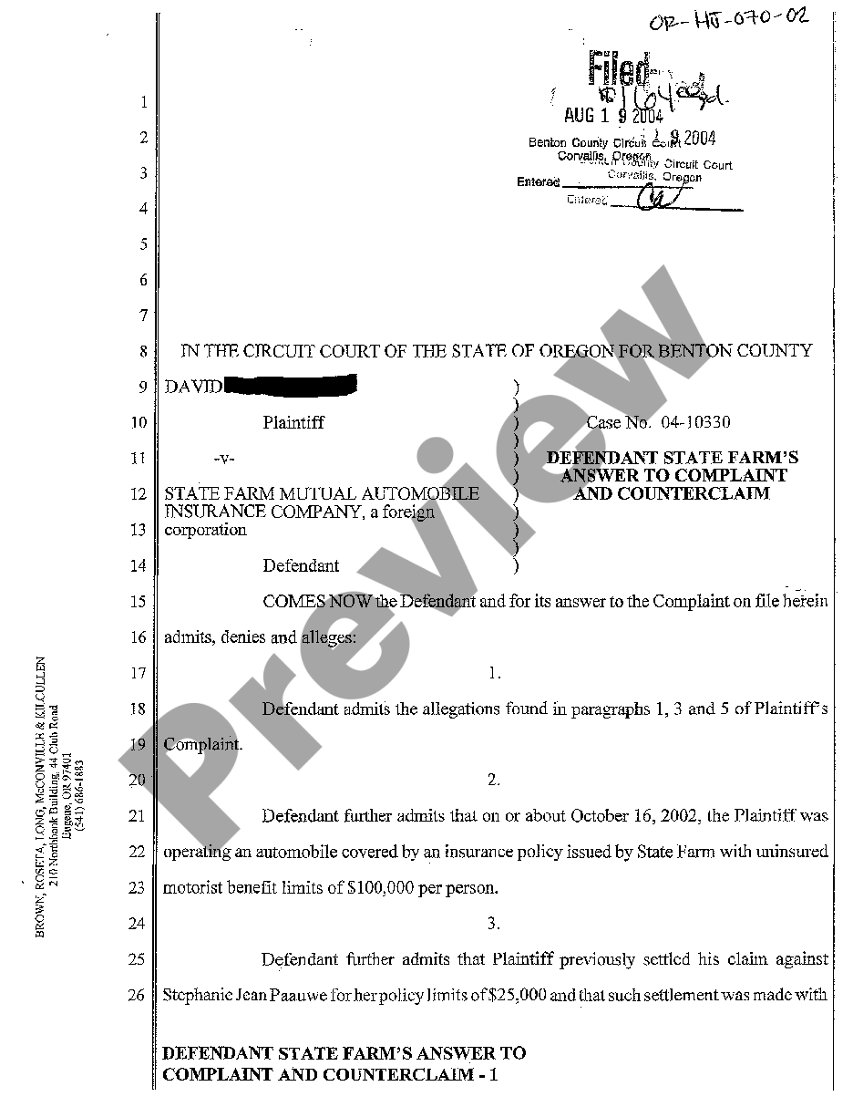 Bend Oregon Defendant State Farm S Answer To Complaint And Counterclaim US Legal Forms