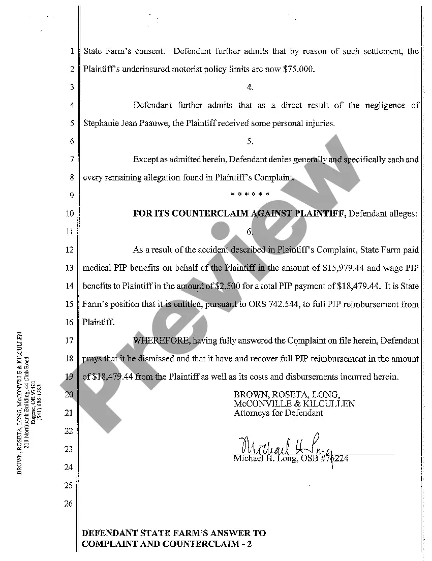 Get A02 Defendant State Farm's Answer to Complaint and Counterclaim Preview A02 Defendant State Farm's Answer to Complaint and Counterclaim
