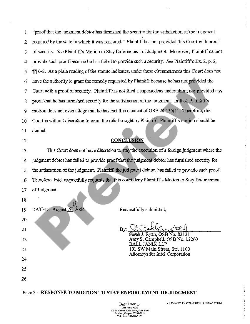 Preview A10 Response to Motion to Stay Enforcement of Judgment