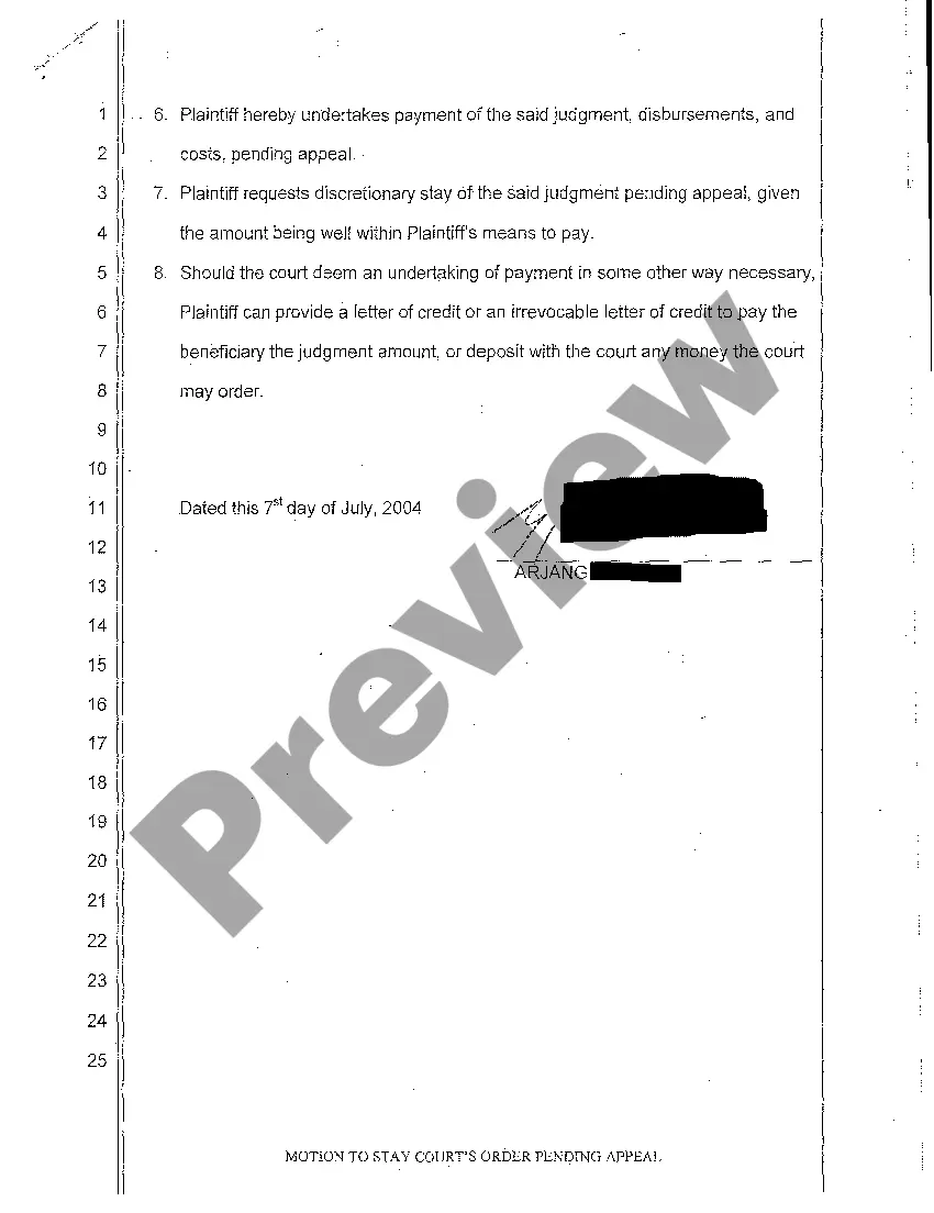 Preview A02 Motion to Stay Order Granting Defendant's Bill of Costs Pending Appeal