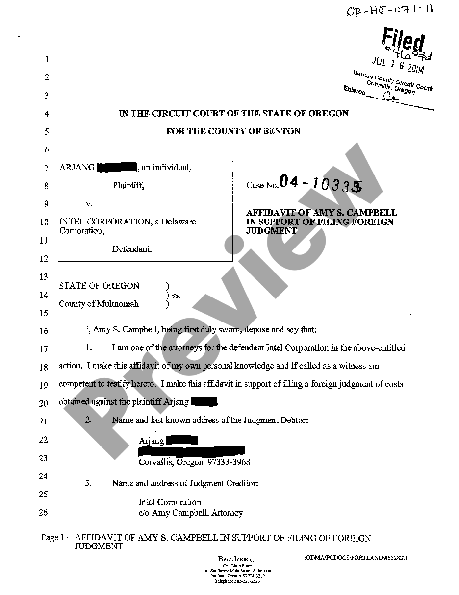 Oregon Affidavit in Support of Filing Foreign Judgment | US Legal Forms