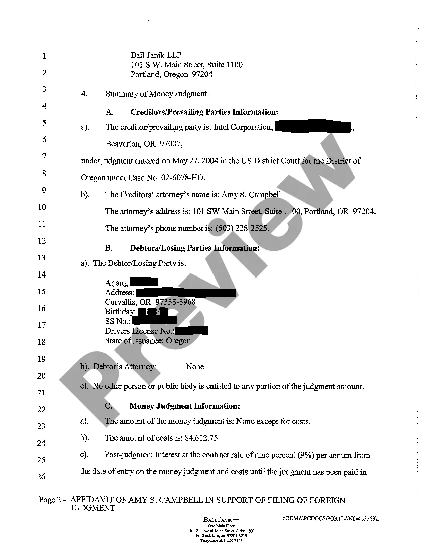 Preview A01 Affidavit in Support of Filing Foreign Judgment