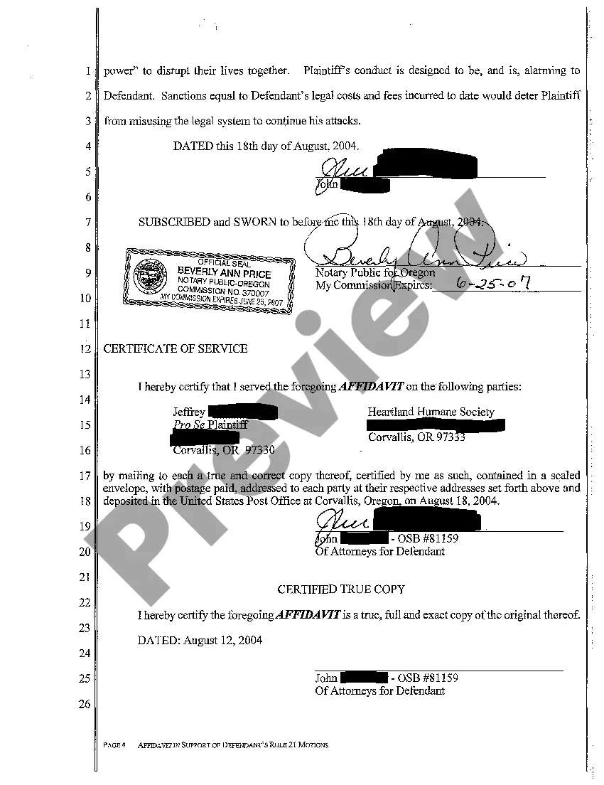 Get A07 Affidavit of Defendant's Attorney in Support of Motions Pursuant to ORCP 17 and 21 Preview A07 Affidavit of Defendant's Attorney in Support of Motions Pursuant to ORCP 17 and 21