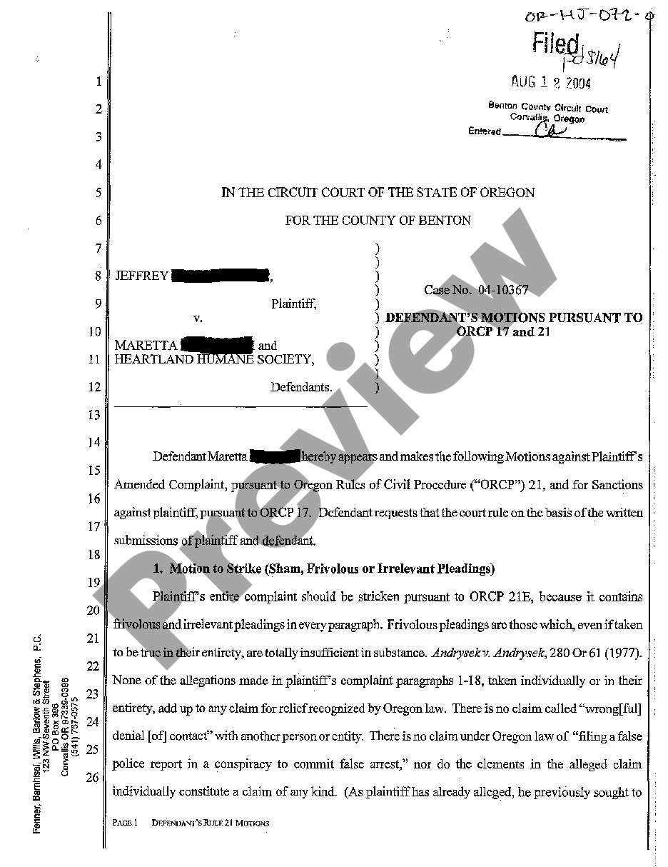 Oregon Defendant's Motions Pursuant to ORCP 17 and 21 - Orcp 21 | US ...