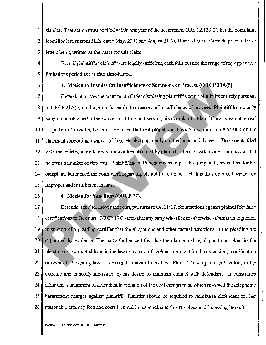 Preview A03 Defendant's Motions Pursuant to ORCP 17 and 21