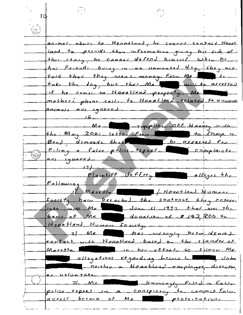 Preview A02 Handwritten Complaint for Breach of Contract, Conspiracy to Commit False Arrest, and Wrongful Endangerment