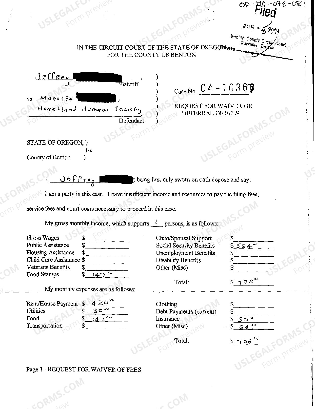 Oregon Request for Waiver or Deferral of Fees US Legal Forms