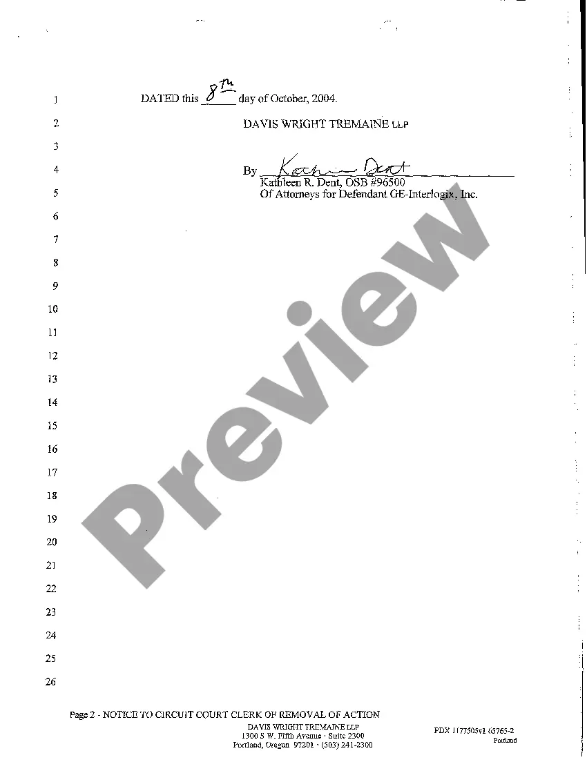 Preview A06 Notice to Circuit Court Clerk of Removal of Action to United States District Court for the District of Oregon
