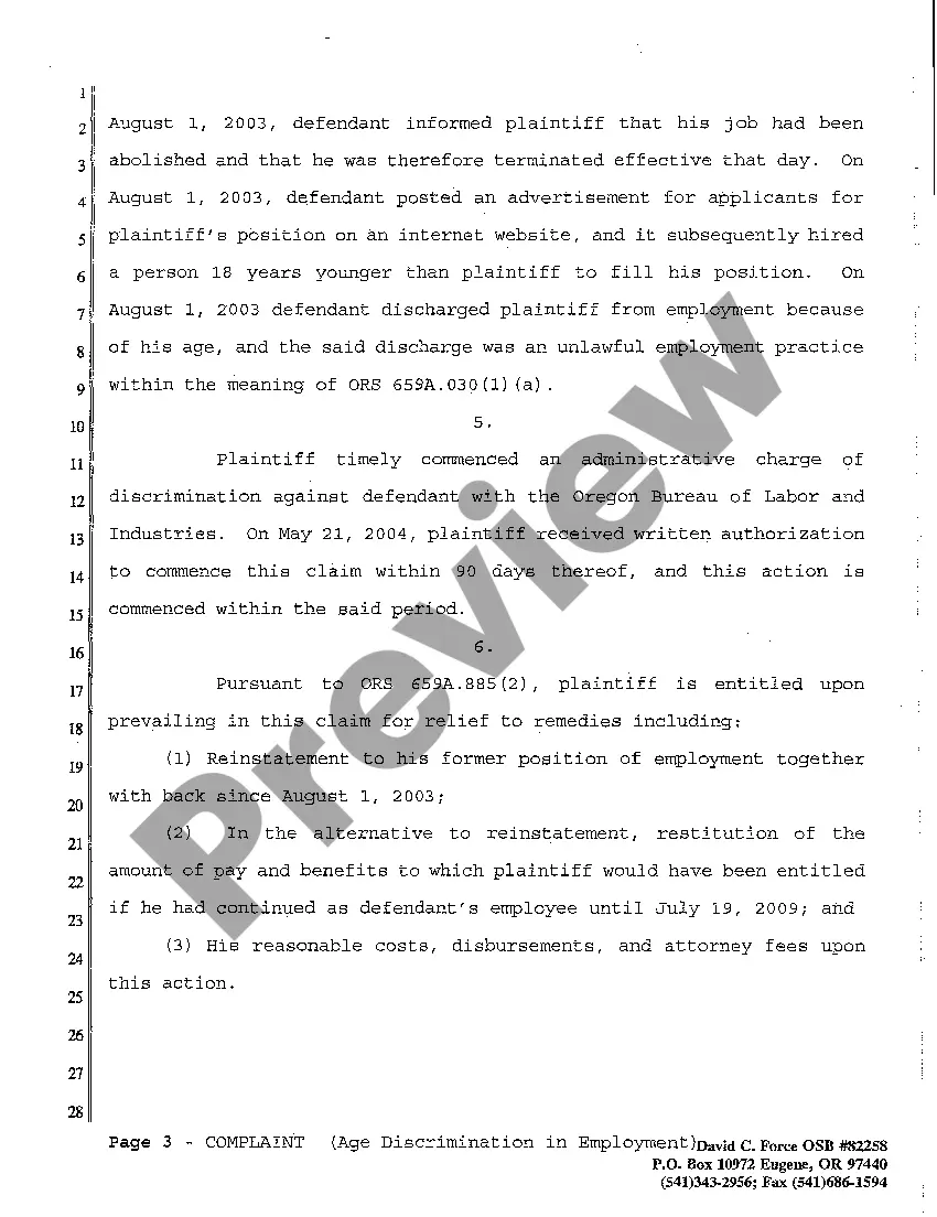 Get A01 Complaint for Age Discrimination in Employment and Wrongful Termination Preview A01 Complaint for Age Discrimination in Employment and Wrongful Termination